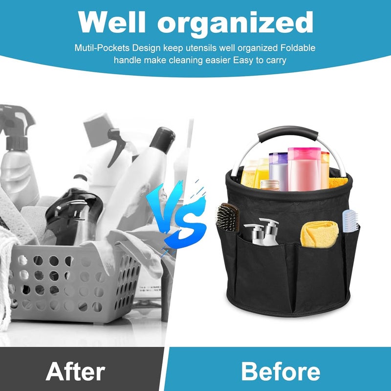 Yallmie 17L Portable Cleaning Bucket Organiser, 6 Pockets Foldable Cleaning Caddy with Handle Wearable Cleaning Caddy Bag for Outdoor Camping Garden Harvest Basket Home Bathroom Storage (Black) - Image 5